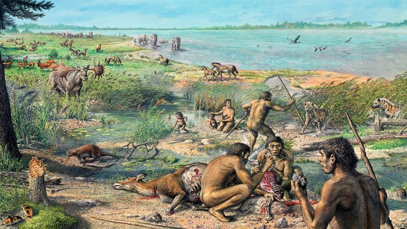 Pathways to Ancient Britain - Happisburgh Reconstruction Copyright John Sibbick AHOB