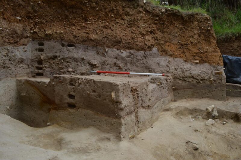 Part of Area I during the 2023 field season. A Clactonian assemblage has been recovered from the lighter grey silts at the base of the section in the foreground, with an Acheulean assemblage occurring in the darker grey silt above.