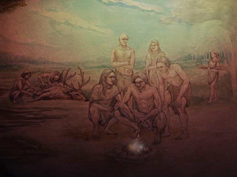 Artist’s reconstruction of an early human demonstrating the use of iron pyrite with flint to create sparks and light a fire