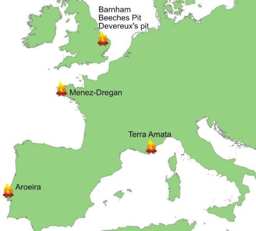Map of western Europe showing the sites of Barnham, Beeches pit (both UK), Menez-Dregan, Terra Amata (both France) and Gruta da Aroeira (Portugal) with evidence of fire-use at 400,000 years ago.