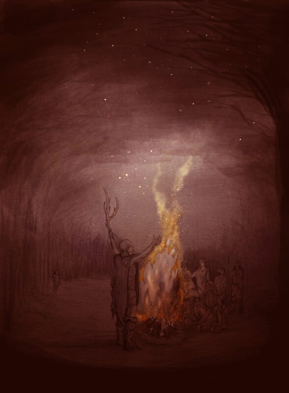 Artist’s reconstruction of a group of early humans gathered around a fire after dusk